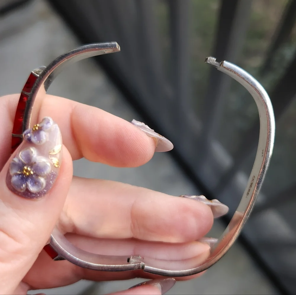 Handmade Sterling Silver 925 Mexico Red Jasper Inlay Hinge Bangle Bracelet